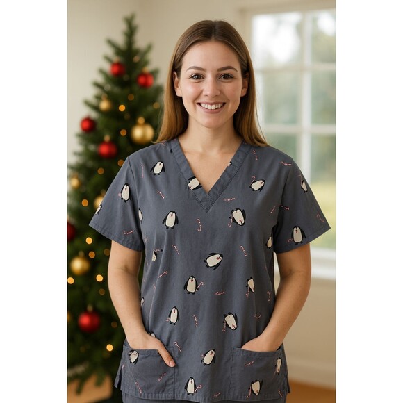 Nursing Scrub Top Women’s L Gray Christmas Penguin Print Candy Cane Uniform - Picture 1 of 8